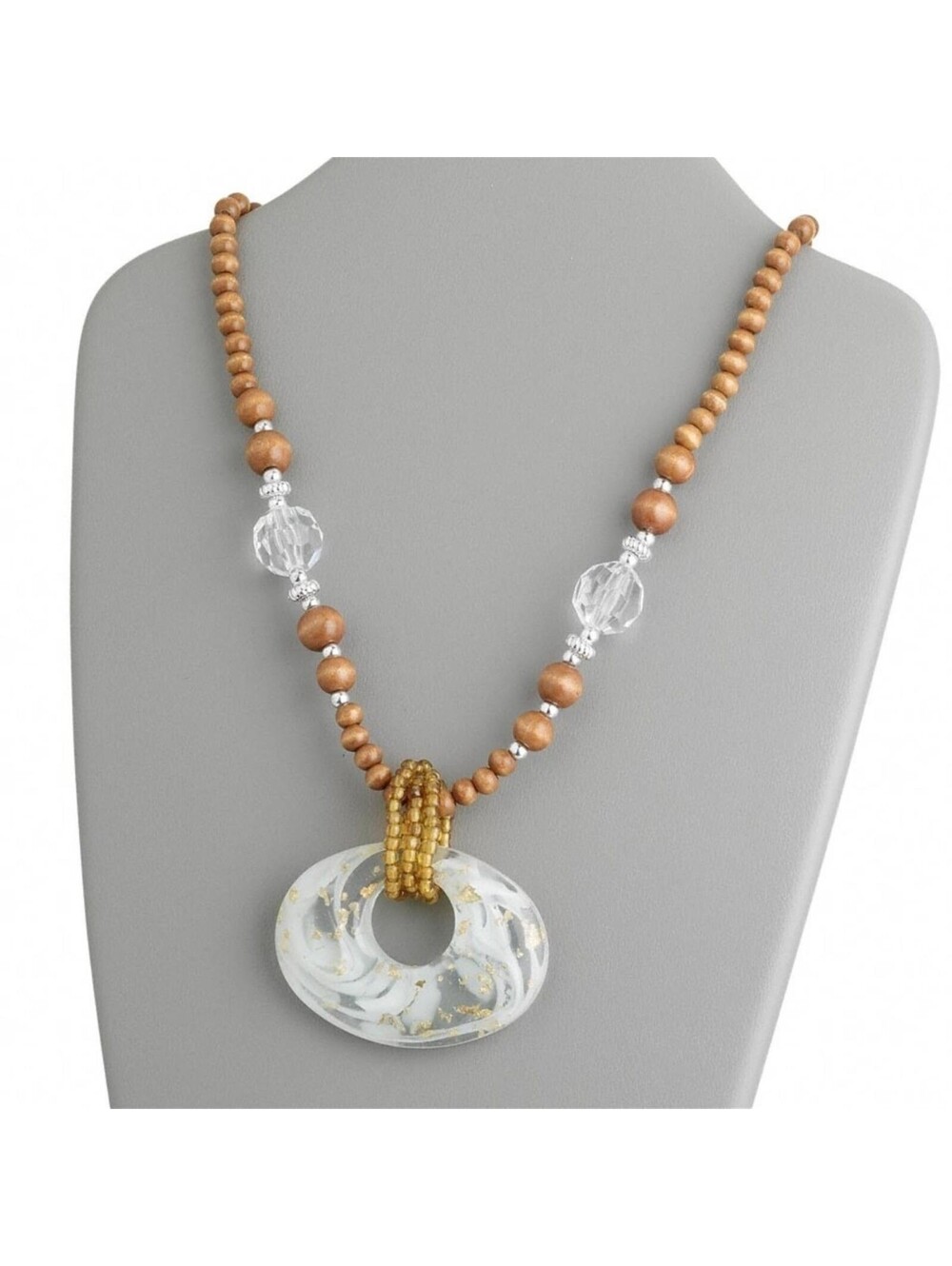 Bold Retro Brown Clear & White Wood and Lucite Acrylic Pendant Necklace 28" Long